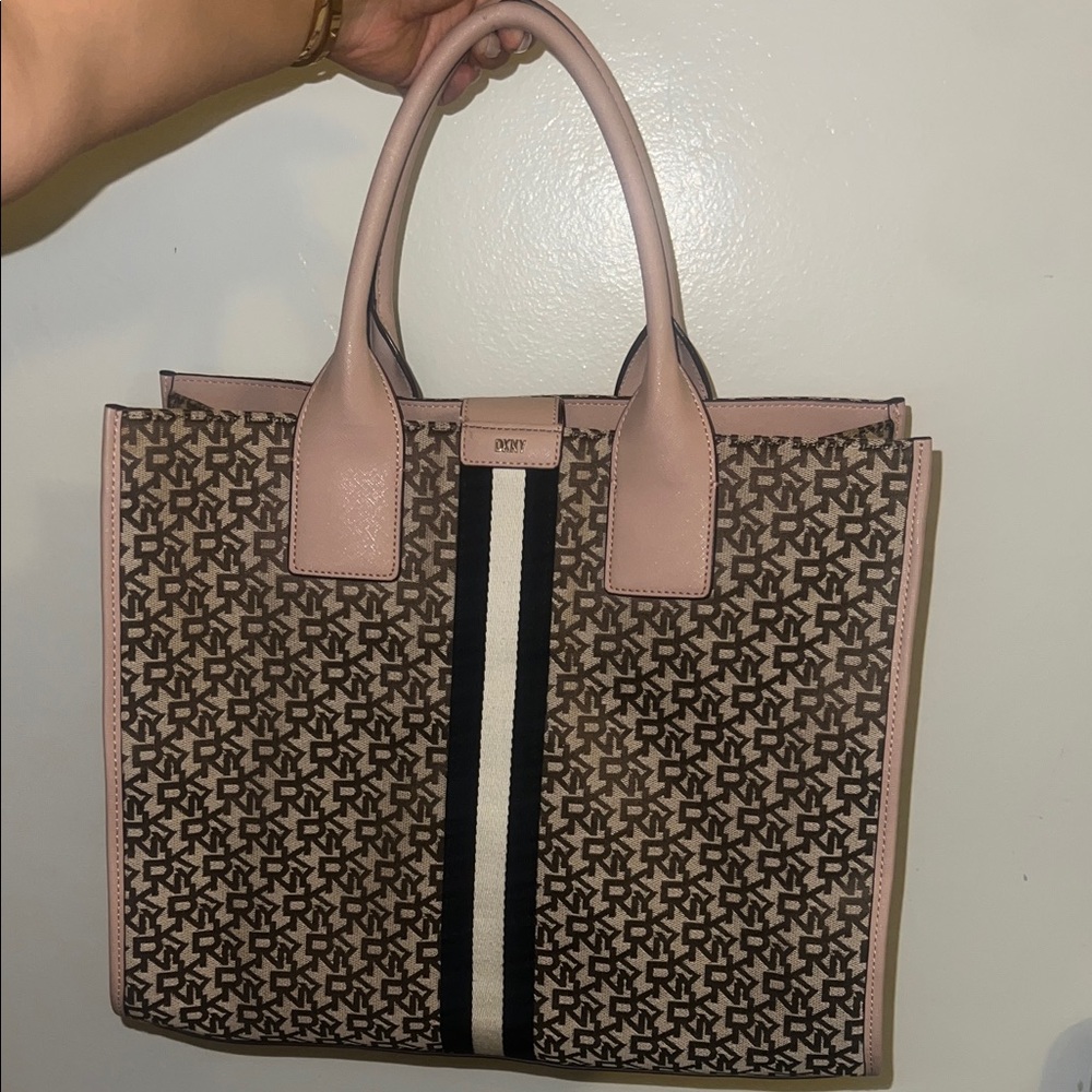 DKNY Pink Trim Monogram Tote with Navy Stripe